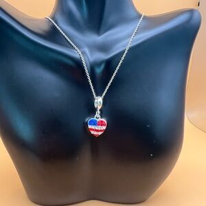 Silver Heart Pendant Necklace with Red, Blue, and White Crystals